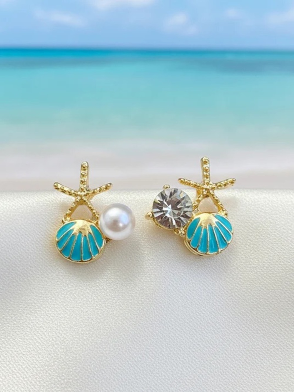 Turquoise Sea Shell & Turtle Mixed Stud Earring Set - Gold and Silver - Picture 7 of 10